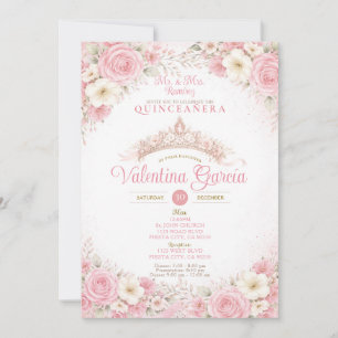Convite de Quinceañera Rosa Coroa Blush