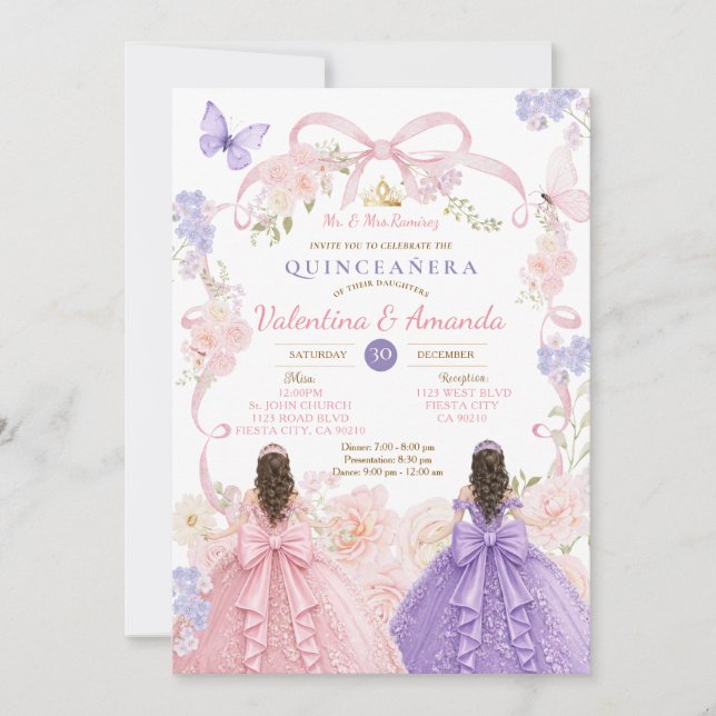 Convite de Quinceañera Rosa Duplo Roxo (Frente)