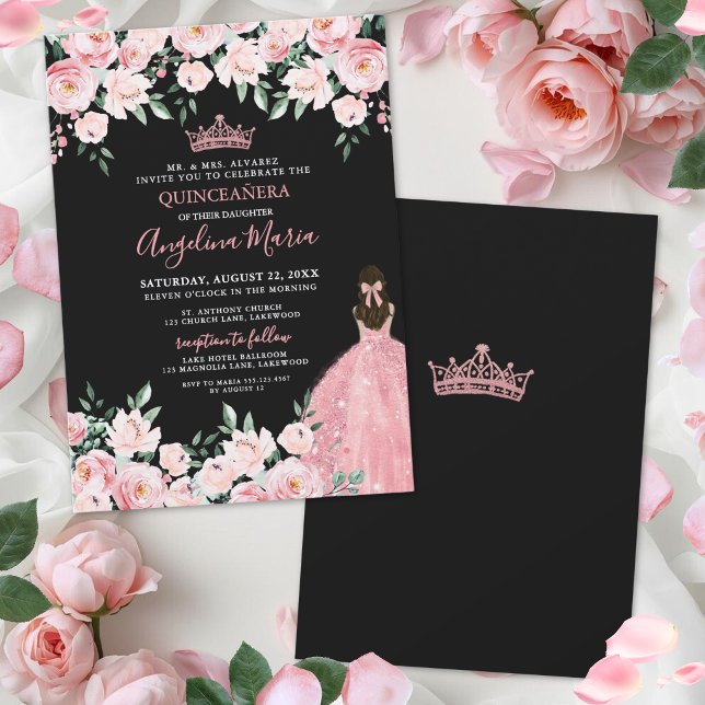 Convite de Quinceanera Rosa e Preto (Blush Pink Quinceanera Invitation)