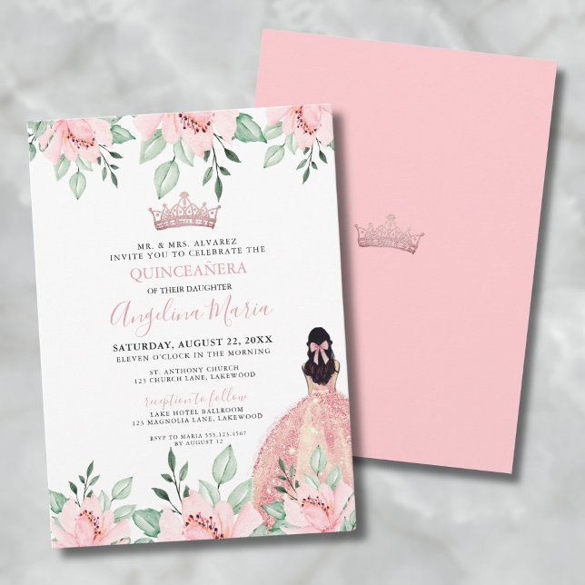 Convite De Quinceañera Rosa Escamudo Floral (Floral Pink Quinceanera Invitation)