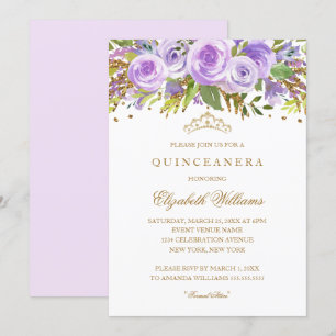 Convite de Quinceanera Rosa Floral Dourado Roxo