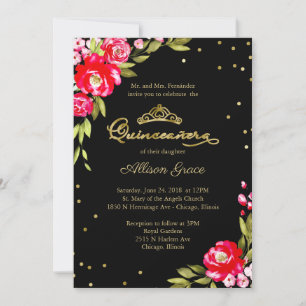 Convite de Quinceanera Rosa Floral em Preto