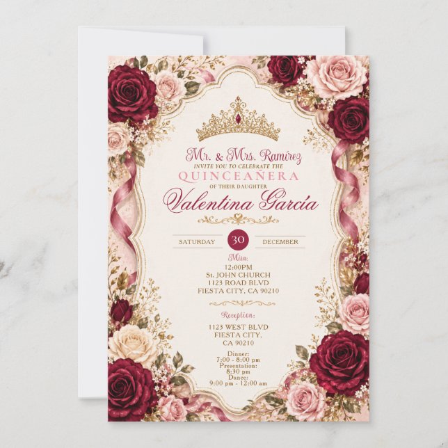 Convite de Quinceañera Rosa Rosa Borgonha (Frente)