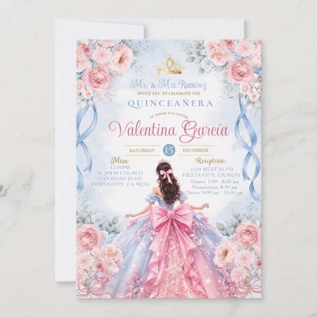 Convite de Quinceañera Rosas Azuis Rosa (Frente)
