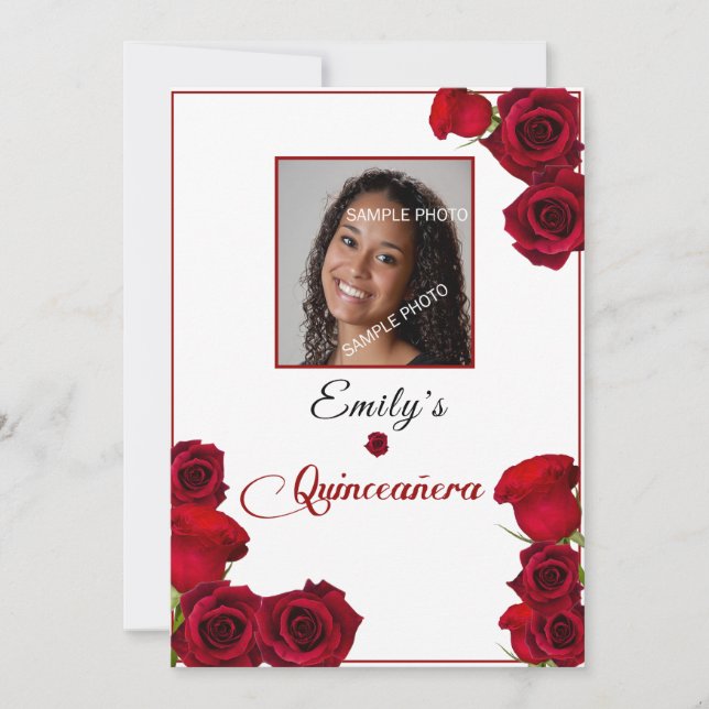 Convite de Quinceanera Rosas Vermelhas Bonitas (Frente)