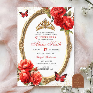 Convite de Quinceanera Rosas Vermelhas e Douradas