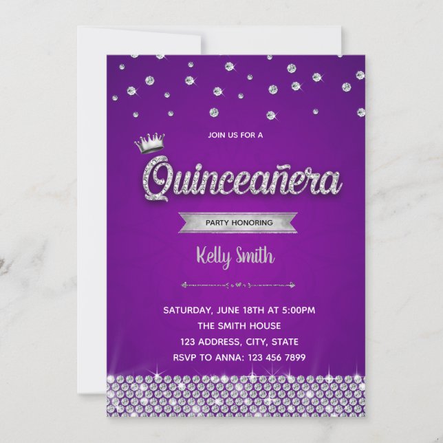 convite de Quinceanera roxo diamante prateado (Frente)