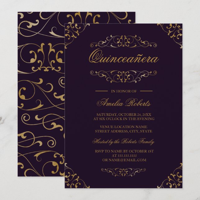 Convite de Quinceanera Roxo Dourado Antigo com Flo (Frente/Verso)