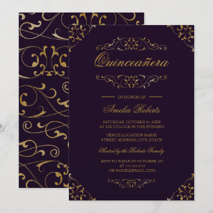 Convite de Quinceanera Roxo Dourado Antigo com Flo