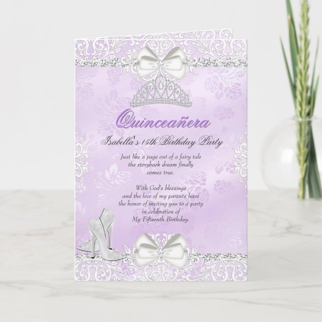 Convite de Quinceanera Roxo em Forma de Cartão Dob (Frente)