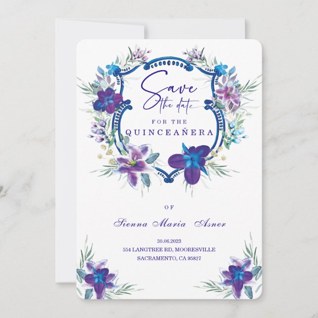 Convite de Quinceañera Roxo Save the Date (Frente)