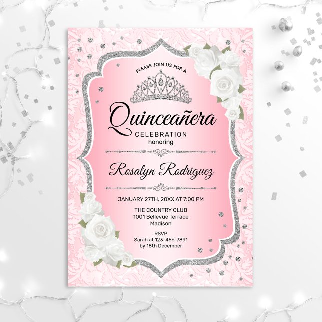 Convite de Quinceanera Silver Rosa (Criador carregado)