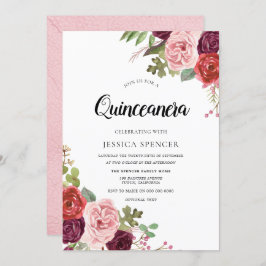 Convite de Quinceanera Tendência Flores Rosa e Bor