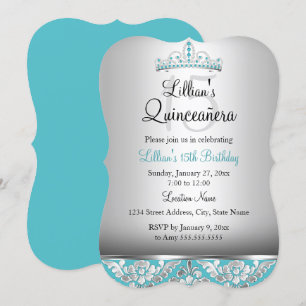 Convite de Quinceanera Tiara de Damasco Prata Turq