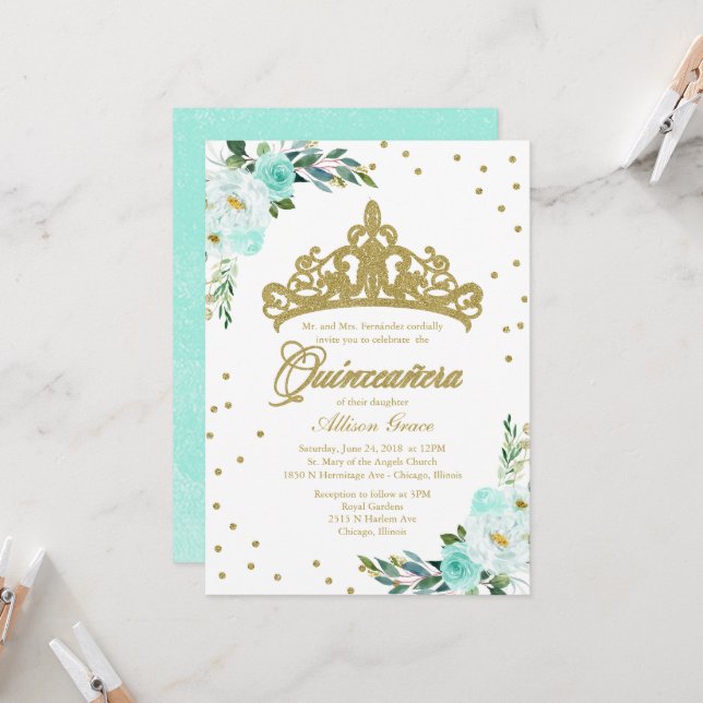 Convite de Quinceanera Tiara Dourada E Flores Azul (Frente/Verso In Situ)