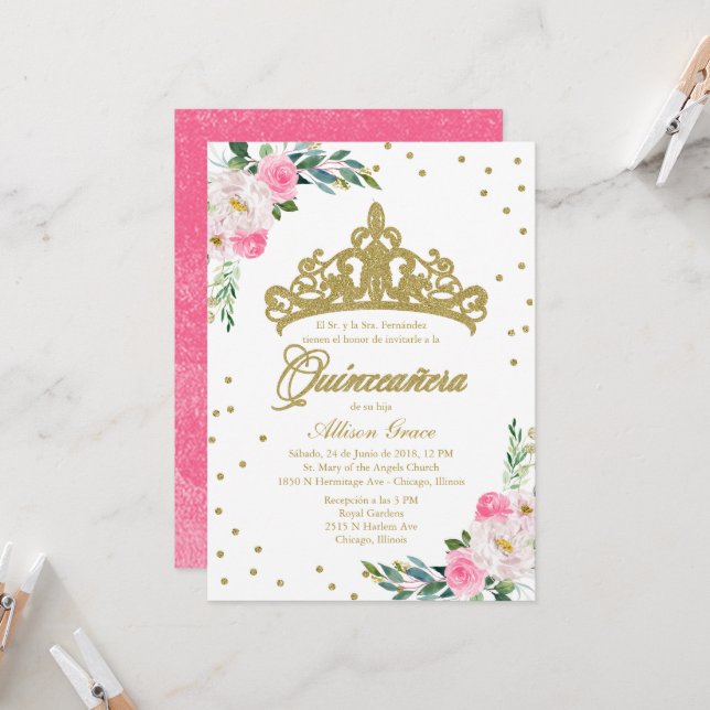 Convite de Quinceanera Tiara Dourada Espanhola Ros (Frente/Verso In Situ)
