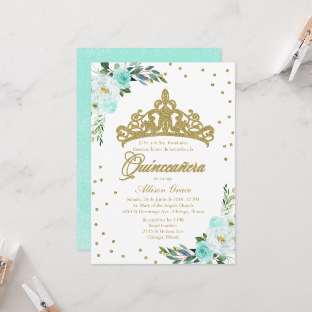 Convite de Quinceanera Tiara Dourada Espanhola Ver (Frente/Verso In Situ)