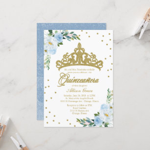 Convite de Quinceanera Tiara Dourada Floral Azul B