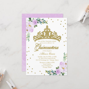 Convite de Quinceanera Tiara Dourada Flores Lilás