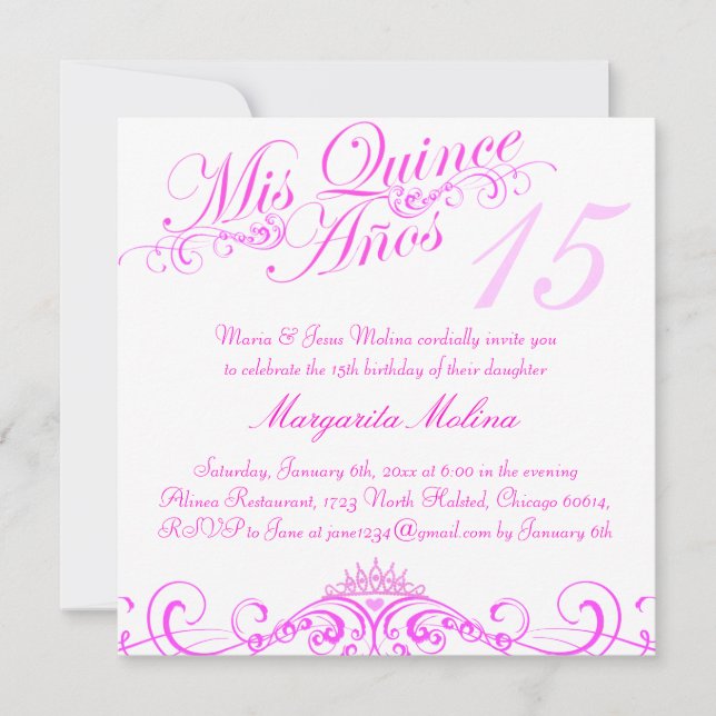 Convite de Quinceanera Tiara Princesa Rosa (Frente)