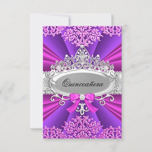 Convite de Quinceanera Tiara Rosa/Roxa & Damask (Frente)