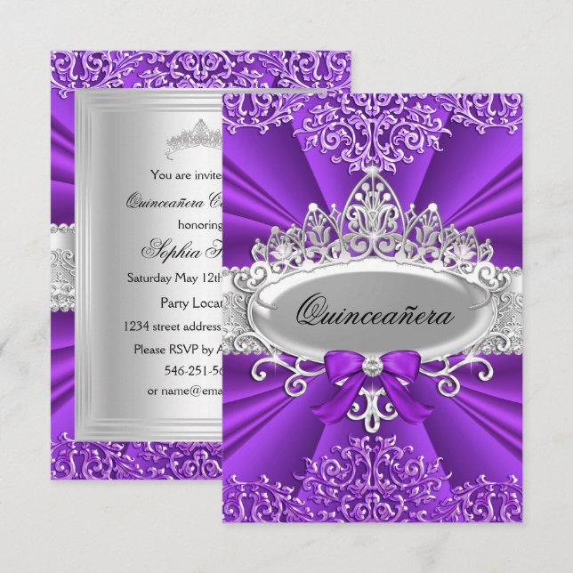 Convite de Quinceanera Tiara Roxa & Damasco (Frente/Verso)