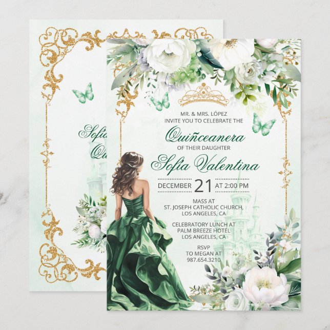 Convite de Quinceañera Verde Esmeralda (Frente/Verso)
