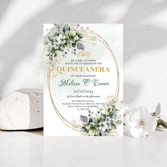 Convite de Quinceañera Verde Esmeralda Boêmio (Bohemian Greenery Quinceañera Dusty Green Invitation)