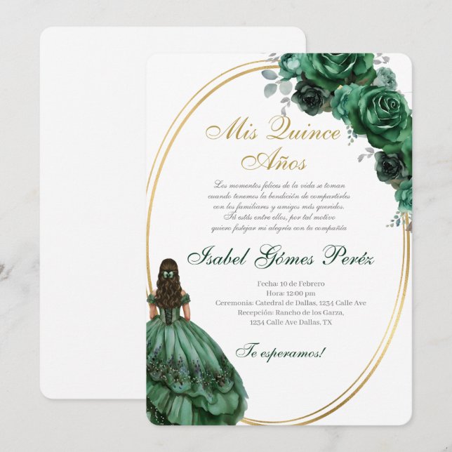Convite de Quinceanera Verde Esmeralda em espanhol (Frente/Verso)