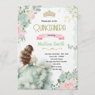 Convite de Quinceañera Verde Sage e Rosa Bege