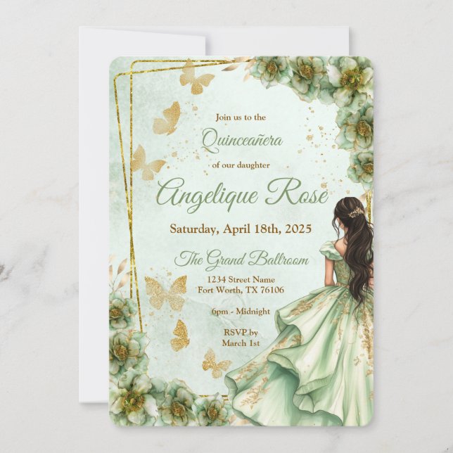 Convite de quinceanera verde sálvia (Frente)