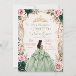 Convite de Quinceañera Verde Salvia e Rosa Bege