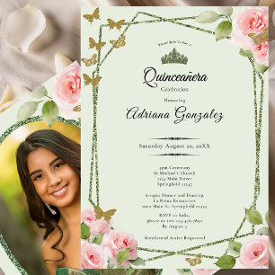 Convite de Quinceanera Verde Salvia Rosas Rosa Bor