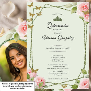 Convite de Quinceanera Verde Salvia Rosas Rosa Bor
