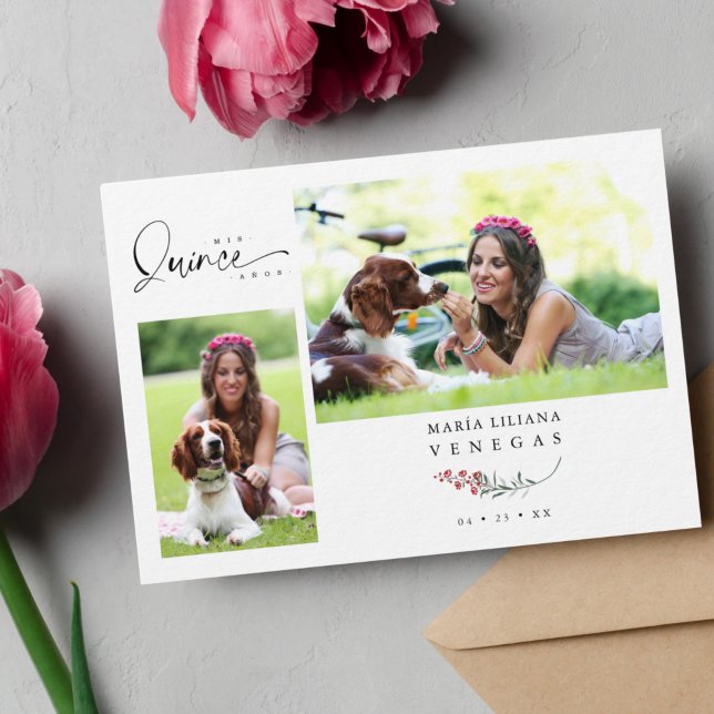 Convite de Quinceañera Vermelho Ramas da Moda Espa (Criador carregado)