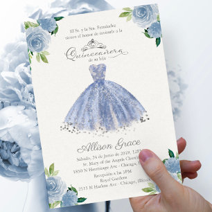 Convite de Quinceanera Vestido Azul Espanhol Flora