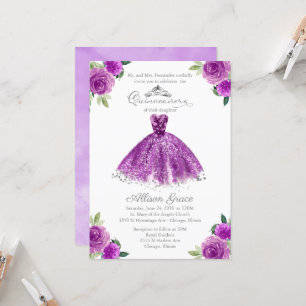 Convite de Quinceanera Vestido Floral Roxo Prata