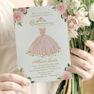 Convite de Quinceanera Vestido Rosa Floral Espanho
