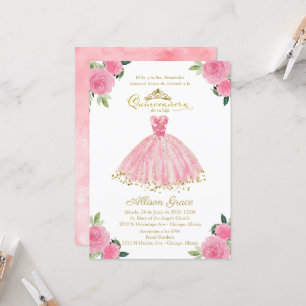 Convite de Quinceanera Vestido Rosa Quente Espanho