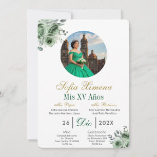 Convite de Quinceañera vestido verde elegante