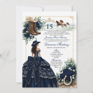 Convite de Quinceañera Western Azul-Marinho Espanh