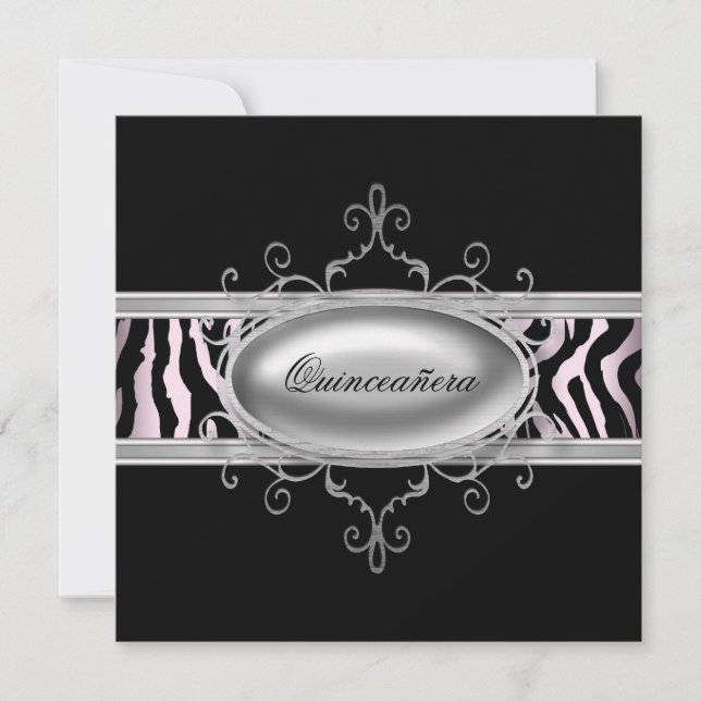Convite de Quinceanera Zebra Preto Rosa (Frente)