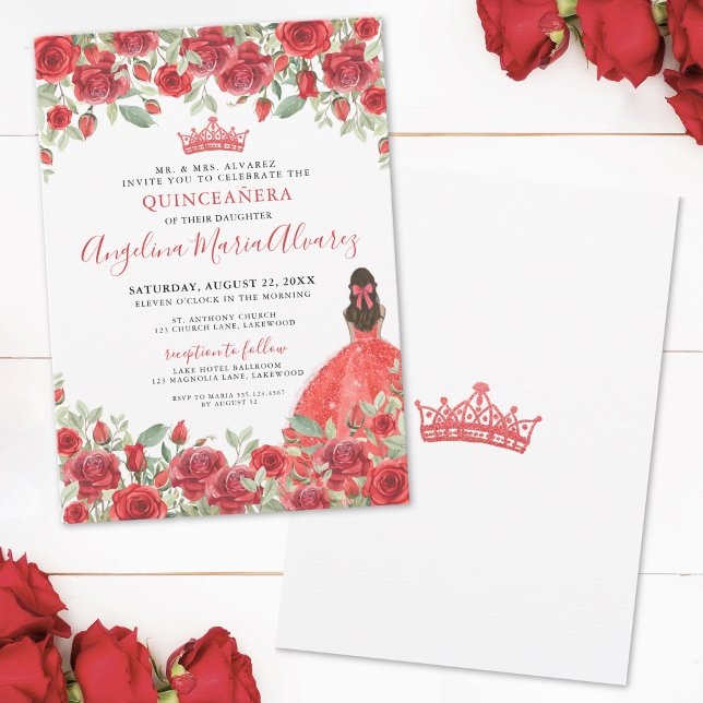Convite de Quinze Anos com Floral Vermelho (Elegant Red Floral Quinceanera Invitation)