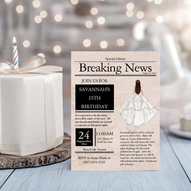 Convite de Quinze Anos em Jornal Antigo Prata e Br (Criador carregado)