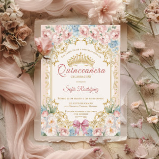Convite de quinze anos floral com coroa elegante