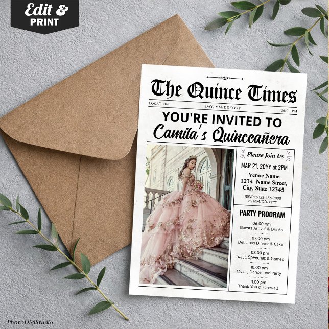 Convite de Quinze Anos, Jornal com Programa, Festa (Quince Invite, Newspaper with Program, Quinceañera Invitation)