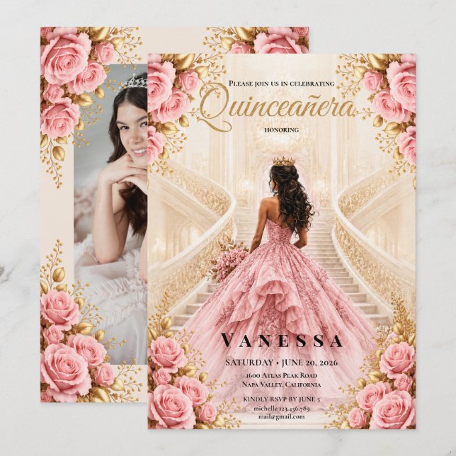 Convite de Quinze Anos Rosa e Dourado (Frente/Verso)
