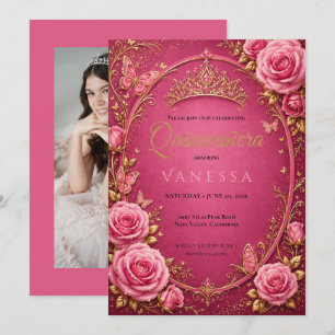 Convite de Quinze Anos Rosa e Dourado com Foto