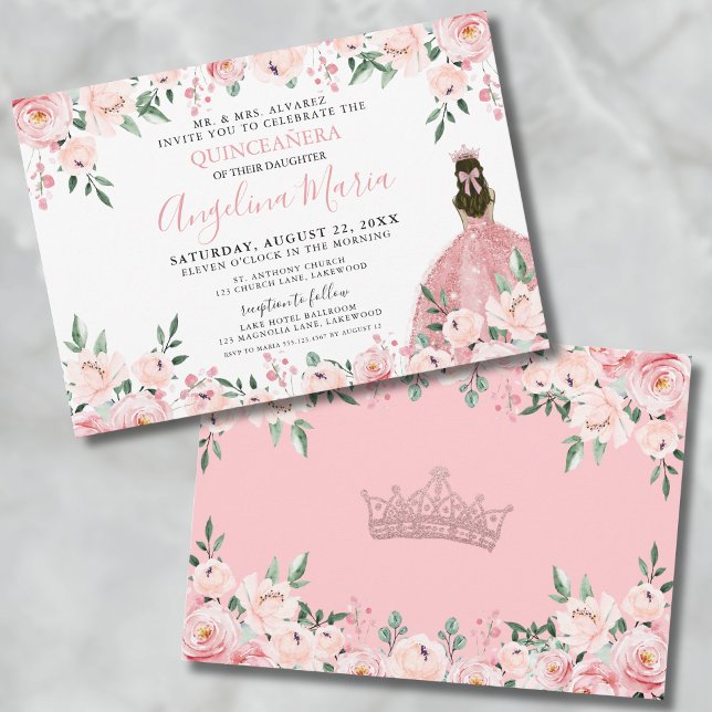 Convite de Quinze Anos Rosa Floral Blush (Floral Blush Pink Quinceanera Invitation)