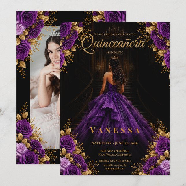 Convite de Quinze Anos Roxo e Dourado com Foto (Frente/Verso)
